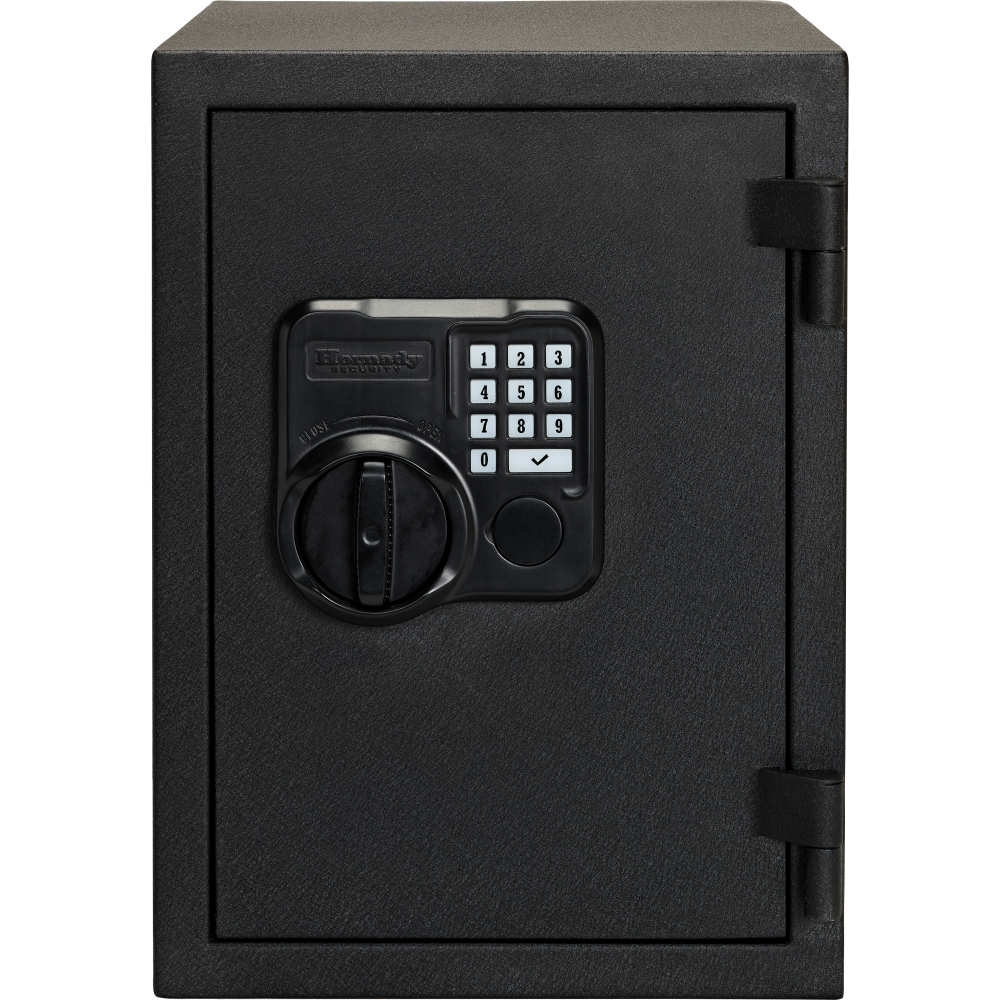 Hornady 95407 Fireproof Keypad Safe front view with a digital keypad, combination dial, and front latch, shown on a plain white background.