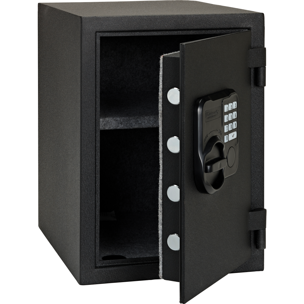 Hornady 95407 Fireproof Keypad Safe front view A black metal safe with an open door, showing a digital keypad lock, interior shelf, and gray felt lining, isolated on a white background.