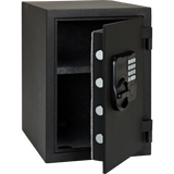 Hornady 95407 Fireproof Keypad Safe front view A black metal safe with an open door, showing a digital keypad lock, interior shelf, and gray felt lining, isolated on a white background.