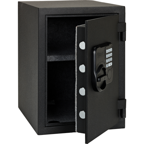 Hornady 95407 Fireproof Keypad Safe front view A black metal safe with an open door, showing a digital keypad lock, interior shelf, and gray felt lining, isolated on a white background.