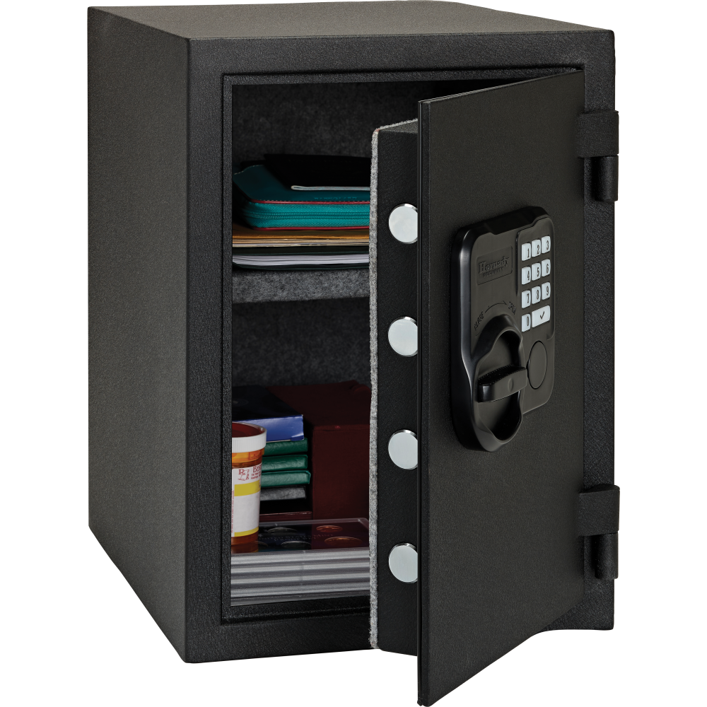 Hornady 95407 Fireproof Keypad Safe front view A black metal home safe with an open door, showing a digital keypad lock, interior shelves, and storage compartments filled with documents and items.