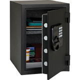 Hornady 95407 Fireproof Keypad Safe front view A black metal home safe with an open door, showing a digital keypad lock, interior shelves, and storage compartments filled with documents and items.