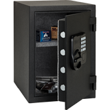 Hornady 95407 Fireproof Keypad Safe front view A black digital keypad gun safe with its door open, showing shelves inside with ammunition boxes and handguns. The safe features a textured black finish, silver handle accents, and a gray felt-lined interior.
